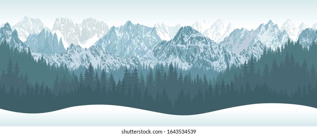 vector winter seamless mountains with woodland background illustration