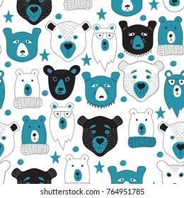 Vector Winter Seamless pattern with Bears' heads