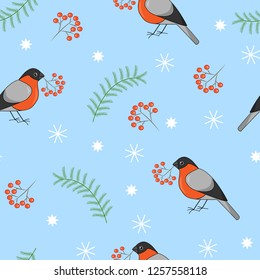 Vector winter seamless pattern with bullfinches