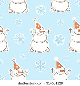 Vector winter seamless pattern with cartoon snowmen and snowflakes on a blue background.