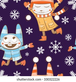 Vector winter seamless pattern with cartoon rabbits  and snowflakes on a blue  background.