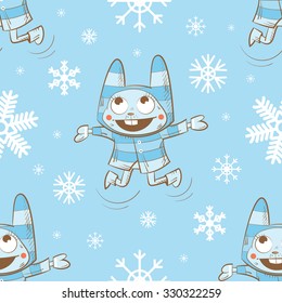 Vector winter seamless pattern with cartoon rabbits  and snowflakes on a blue  background.
