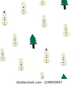 Vector winter seamless pattern. Cute abstract Snowmen and christmas trees on white background. Simple and stylish Scandinavian repeat texture.