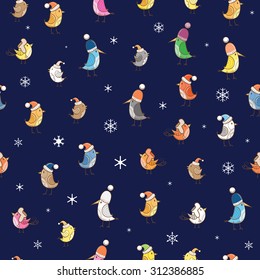Vector winter seamless pattern with cute cartoon birdies in knitted caps against evening snowfall.
