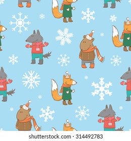 Vector winter seamless pattern with cute cartoon wolf,  fox and bear in clothes on a blue background.