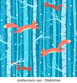 Vector winter seamless pattern with cute cartoon red squirrels, trees and snowflakes