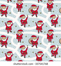 Vector winter seamless pattern with cute cartoon Santa Claus characters and stars on snowy background, Christmas and New Year holiday wallpaper and wrapping paper design