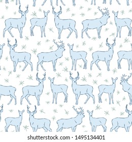 Vector winter seamless pattern with deer, stag, doe, hand drawn illustration. Winter theme snowfall wallpaper.