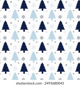 Vector winter seamless pattern featuring fir trees and snowflakes, creating a cohesive and festive design that is ideal for seasonal backgrounds, holiday wrapping paper, and winter-themed projects