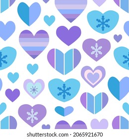 Vector winter seamless pattern of hearts and snowflakes. Fabulous background for design on theme of cozy winter, New Year, Christmas. Flat cute baby illustrations