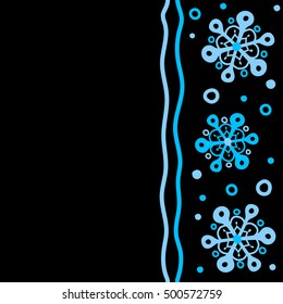 Vector Winter seamless pattern on a black Background with blue Snowflakes and dots. Can be used for textile, parer, scrapbooking, wrapping, web and print design. With copy space (place for your text).