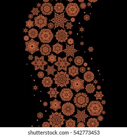 Vector Winter seamless pattern on a black Background with orange Snowflakes and dots. Can be used for textile, parer, scrapbooking, wrapping, web and print design.