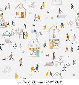 Vector winter seamless pattern with people walking in snowy Christmas city with houses, dog, tree, birds, snow. Can be printed and used as New Year wrapping paper, wallpaper, textile, etc.  