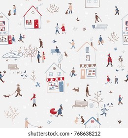 Vector winter seamless pattern with people walking in snowy Christmas city with houses, dog, tree, birds, snow. Can be printed and used as New Year wrapping paper, wallpaper, textile, etc.  