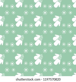 Vector winter seamless pattern with snowflakes, mittens. Christmas and New Year 2019 background. Design for wrapping, fabric, print.