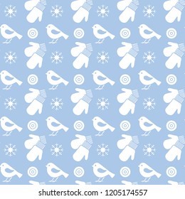 Vector winter seamless pattern with snowflakes, birds, mittens. Christmas and New Year 2019 background. Design for wrapping, fabric, print.