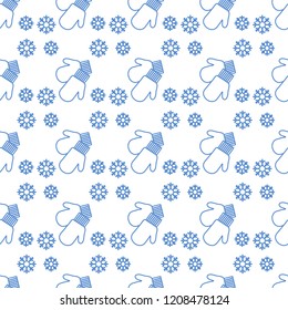 Vector winter seamless pattern with snowflakes, mittens. Christmas and New Year 2019 background. Design for wrapping, fabric, print.