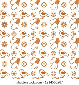 Vector winter seamless pattern with snowflakes, birds, mittens. Christmas and New Year 2019 background. Design for wrapping, fabric, print.