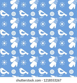 Vector winter seamless pattern with snowflakes, birds, mittens. Christmas and New Year 2019 background. Design for wrapping, fabric, print.