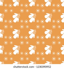 Vector winter seamless pattern with snowflakes, mittens. Christmas and New Year 2019 background. Design for wrapping, fabric, print.