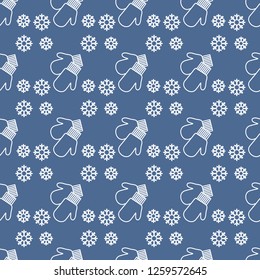 Vector winter seamless pattern with snowflakes, mittens. Christmas and New Year 2019 background. Design for wrapping, fabric, print.