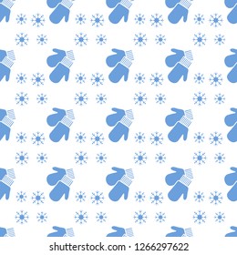 Vector winter seamless pattern with snowflakes, mittens. Christmas and New Year 2019 background. Design for wrapping, fabric, print.