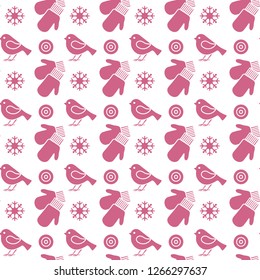 Vector winter seamless pattern with snowflakes, birds, mittens. Christmas and New Year 2019 background. Design for wrapping, fabric, print.