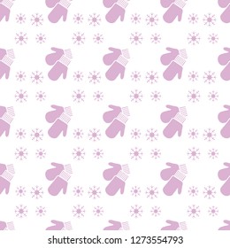 Vector winter seamless pattern with snowflakes, mittens. Christmas and New Year 2019 background. Design for wrapping, fabric, print.