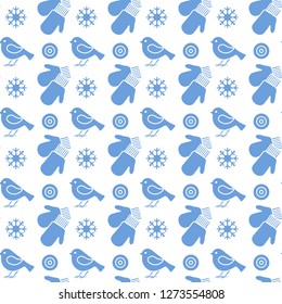 Vector winter seamless pattern with snowflakes, birds, mittens. Christmas and New Year 2019 background. Design for wrapping, fabric, print.