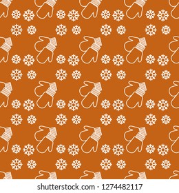 Vector winter seamless pattern with snowflakes, mittens. Christmas and New Year 2019 background. Design for wrapping, fabric, print.