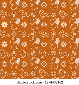 Vector winter seamless pattern with snowflakes, birds, mittens. Christmas and New Year 2019 background. Design for wrapping, fabric, print.