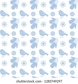 Vector winter seamless pattern with snowflakes, birds, mittens. Christmas and New Year 2019 background. Design for wrapping, fabric, print.