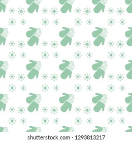 Vector winter seamless pattern with snowflakes, mittens. Christmas and New Year 2019 background. Design for wrapping, fabric, print.