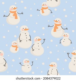 Vector winter seamless pattern.Christmas seamless pattern with snowman background, Winter pattern with snowflakes, wrapping paper, winter greetings.