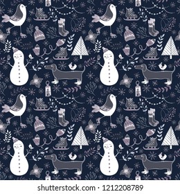 Vector winter seamless pattern.Cute hand drawn winter elements for greeting cards, postcards, wrapping paper texture, silhouette. Design set for winter holidays decoration. Winter template.