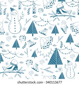 Vector winter seamless pattern.Cute hand drawn snowmen and birds. Perfect  for  greeting cards, postcards,wrapping paper texture, silhouette.Design set for winter holidays decoration. Winter template.