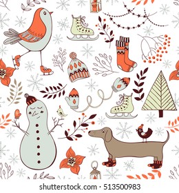 Vector winter seamless pattern.Cute hand drawn winter elements for greeting cards, postcards, wrapping paper, silhouette. Design set for winter holidays, christmas decoration. 