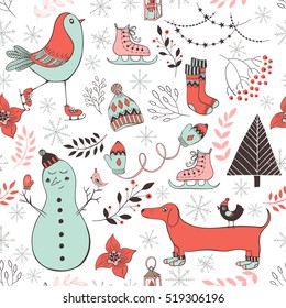 Vector winter seamless pattern.Cute hand drawn winter elements for greeting cards, postcards, wrapping paper, silhouette. Design set for winter holidays, christmas decoration. 