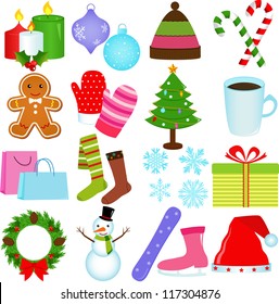 Vector of Winter season, Christmas theme - candle, hat, candy cane, gingerbread, shopping bag, present, wreath, snowman. A set of cute and colorful icon collection isolated on white background