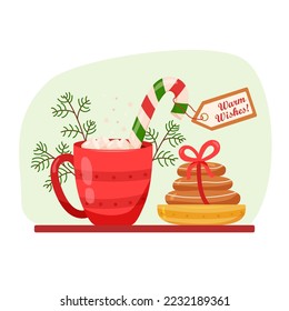 Vector winter season flat illustration of hot drink. Cartoon red mug of hot coffee, cocoa or chocolate with marshmallow and gingerbread bowl. Candy cane label “Warm Wishes” for greeting card or poster