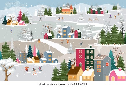 vector of Winter season landscape illustration with snowing with people having fun doing outdoor activities