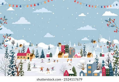 vector of Winter season landscape illustration with snowing with people having fun doing outdoor activities