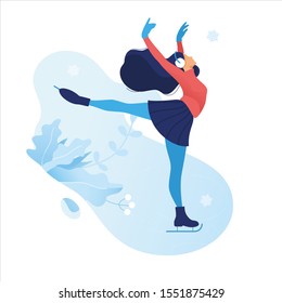 Vector winter season postcard featuring Christmas holidays outdoor activities. Beautiful graceful young girl skating outdoors. Leisure activities in winter. Winter flat isolated sports illustration. 