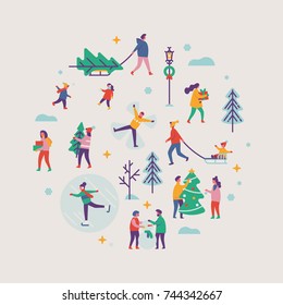 Vector winter season round shaped design element on Xmas holidays outdoor activities. Abstract people making snowman, carrying xmas trees on sleigh, carrying gift boxes, ice skating, playing, etc.