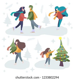 Vector winter season set. Christmas holidays outdoor activities. People decorating xmas tree, skating