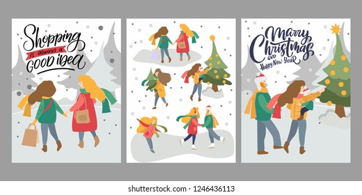 Vector winter season set. Christmas holidays outdoor activities. People decorating xmas tree, skating