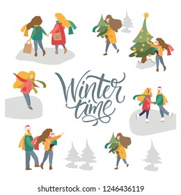 Vector winter season set. Christmas holidays outdoor activities. People decorating xmas tree, skating