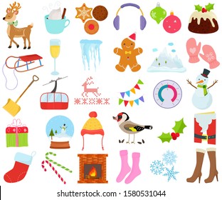 Vector of Winter season set, Christmas New year holiday decoration theme in flat design illustration. Bundle of cute colorful icon collection isolated on white background