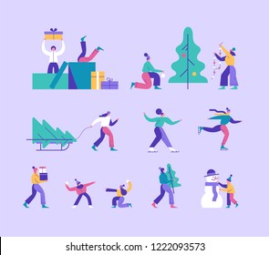 Vector Winter Season Set Including Various Christmas Holidays Outdoor Activities. People Decorating Xmas Tree, A Man Carrying Gift Boxes, Children Playing Snowballs, A Couple Skating.