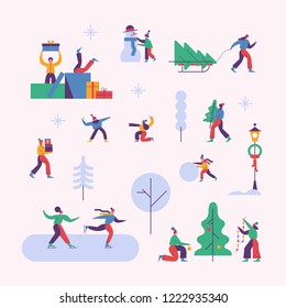 Vector winter season set including various Christmas holidays outdoor activities. People decorating xmas tree, a man carrying gift boxes, children playing snowballs, a kid making snowman.